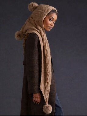 Anthropologie hooded Pom Pom scarf cozy warm cable knit brown beige cozy winter